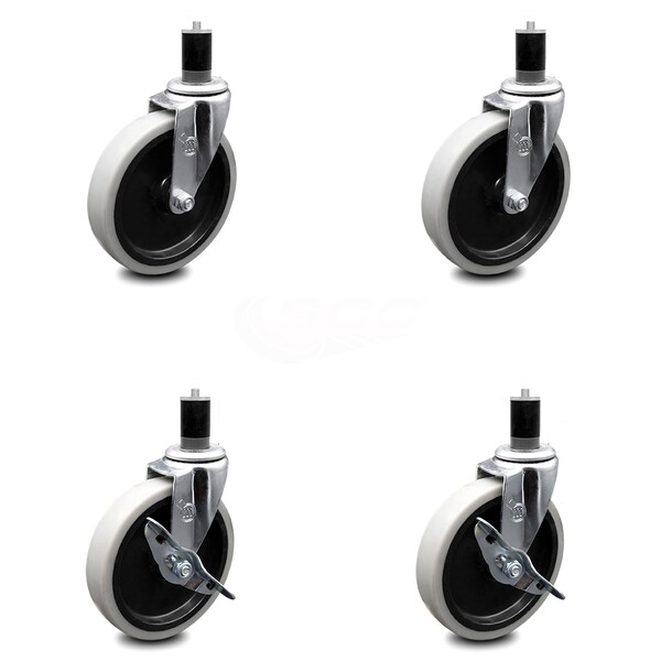 5 Inch Thermoplastic Wheel 1-3/5 Inch Expanding Stem Caster Set with 2 Brakes